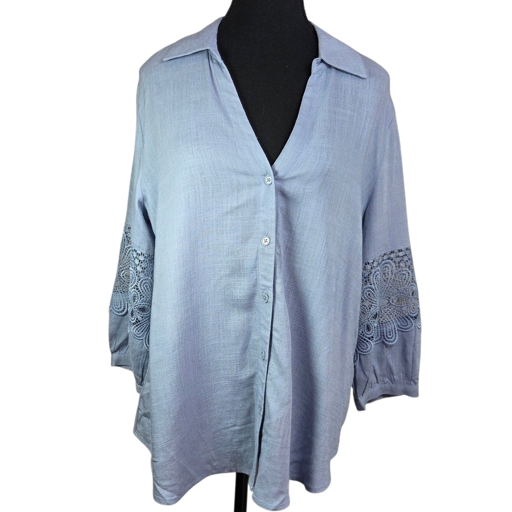 Melanie Lyne Light Blue Linen Blend  Shirt With Embroidered Sleeve  Inserts 6